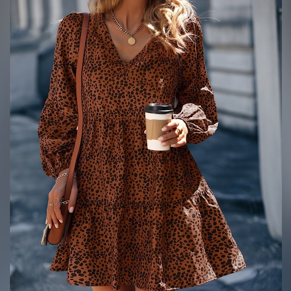 Boho Long Lantern Sleeve print Smock Dress - Picture 1 of 3